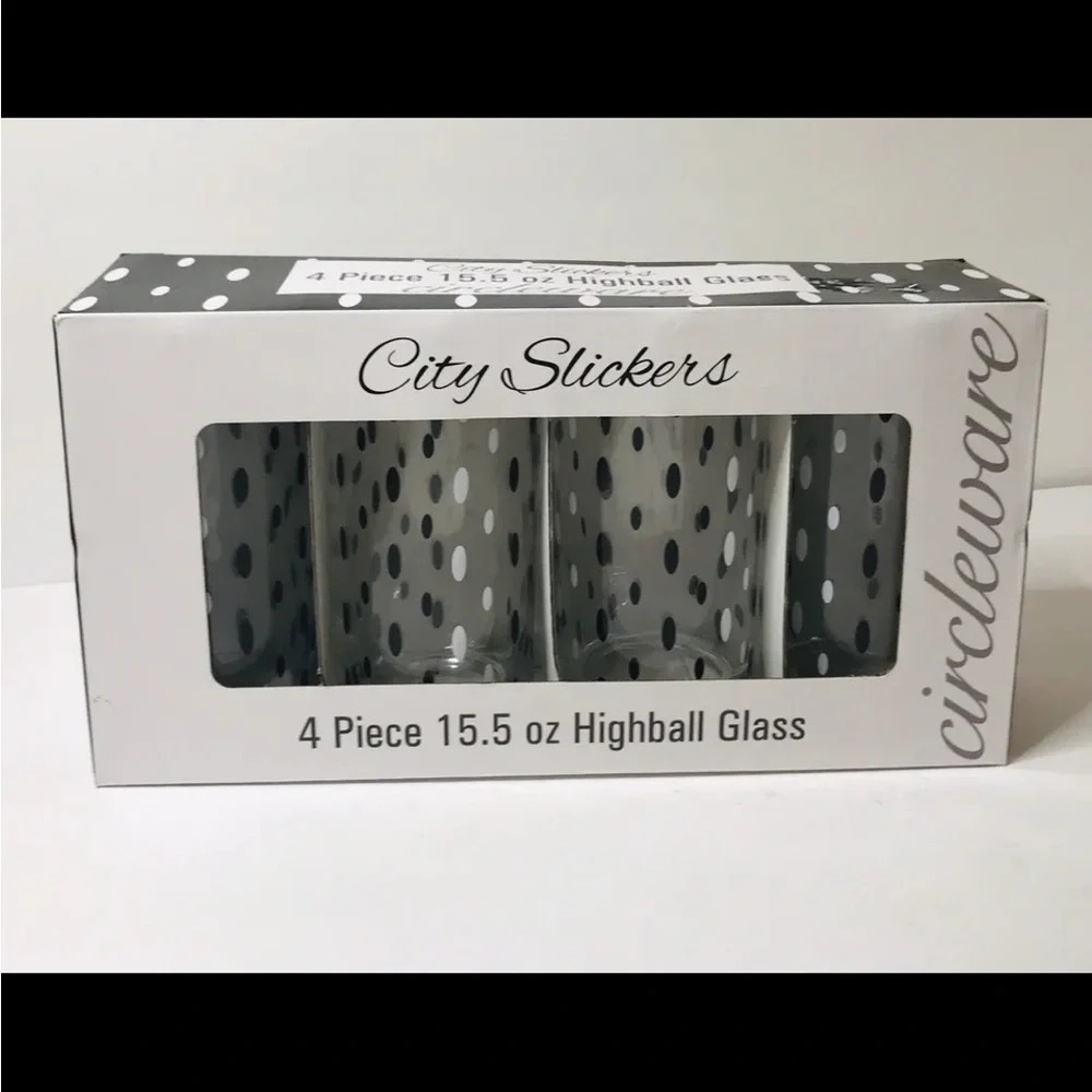 City Slickers High Ball Glasses Black White 15.5 oz. Sealed NIB Set of 4